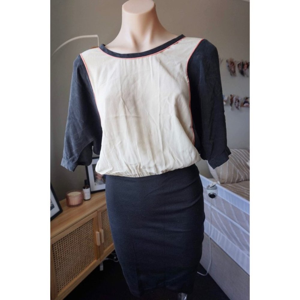 COUNTRY ROAD 8 silk blend TULIP skirt black blouse top puff sleeve VINTAGE RETRO - Picture 4 of 8